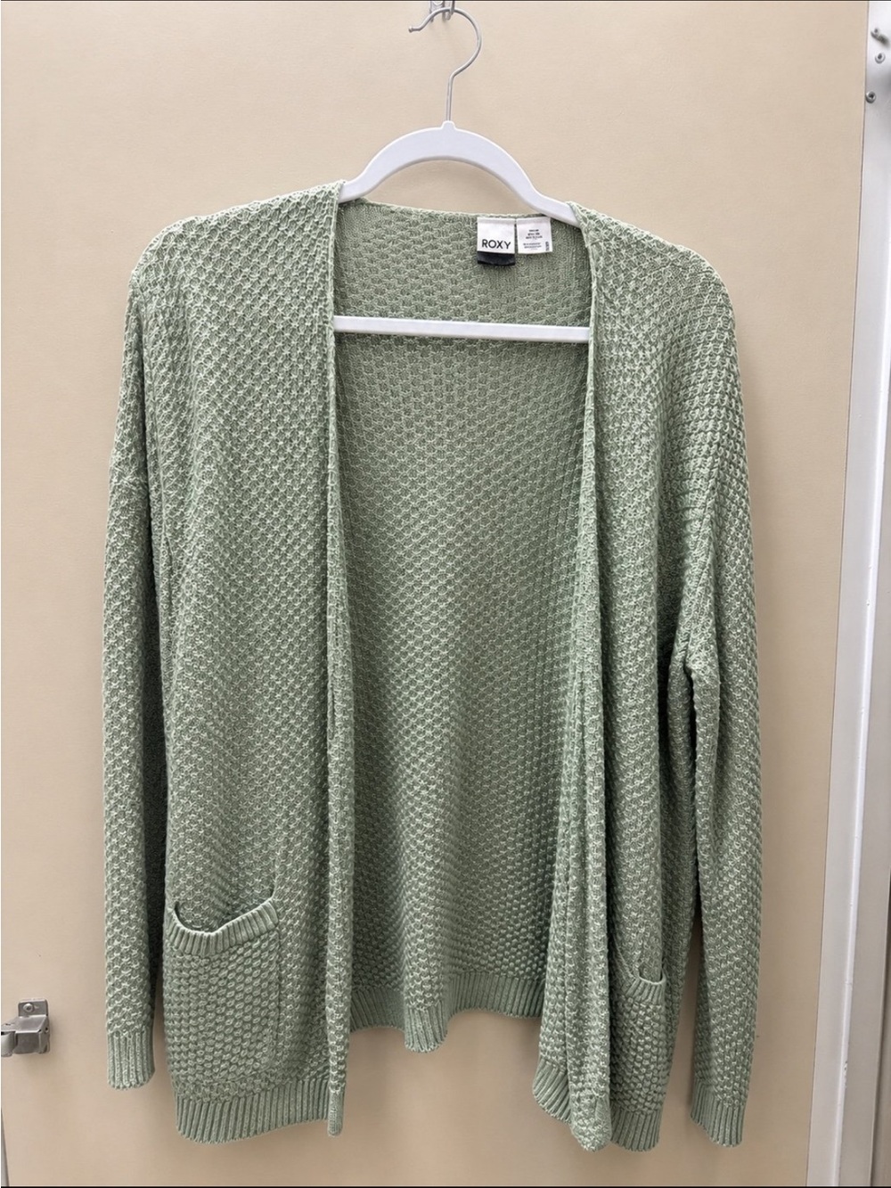 Roxy Sage Green Open-Front Waffle Knit Cardigan
